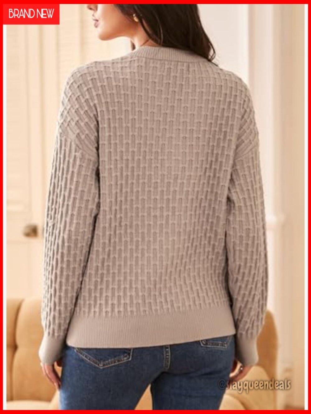 Long Sleeve V-Neck Button Sweater Loose Fit Textured Knit Fall Pullover Top - Picture 2 of 7